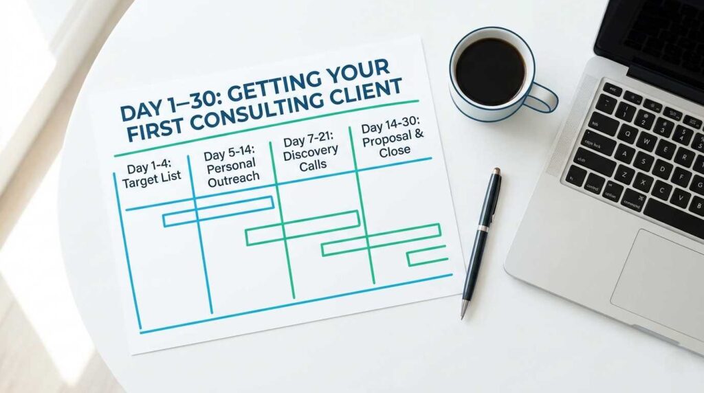 A 30-day roadmap diagram showing how to get first consulting client seniors using targeted steps.
