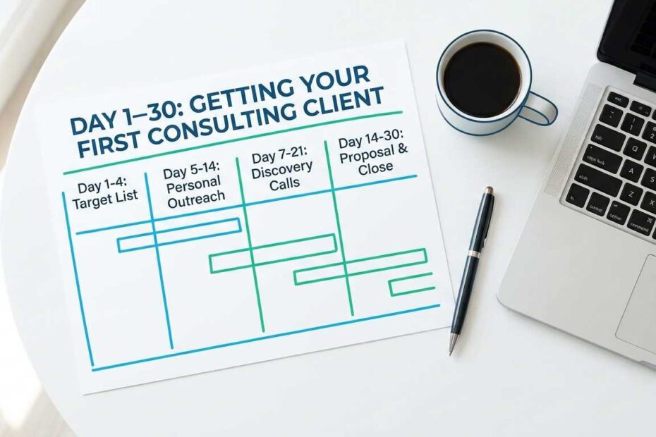 A 30-day roadmap diagram showing how to get first consulting client seniors using targeted steps.