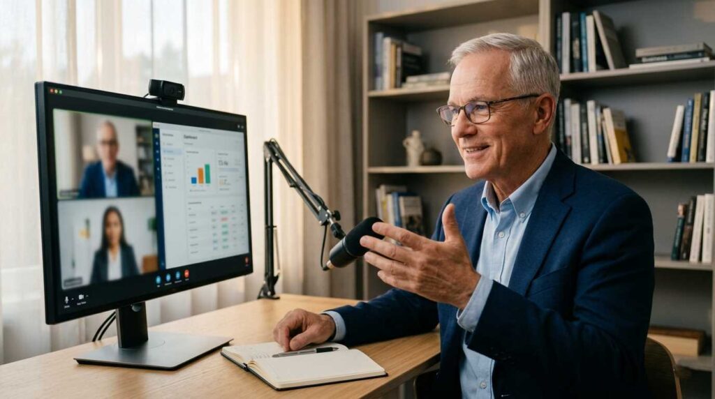 A senior professional expert discussing consulting services pricing on a video call