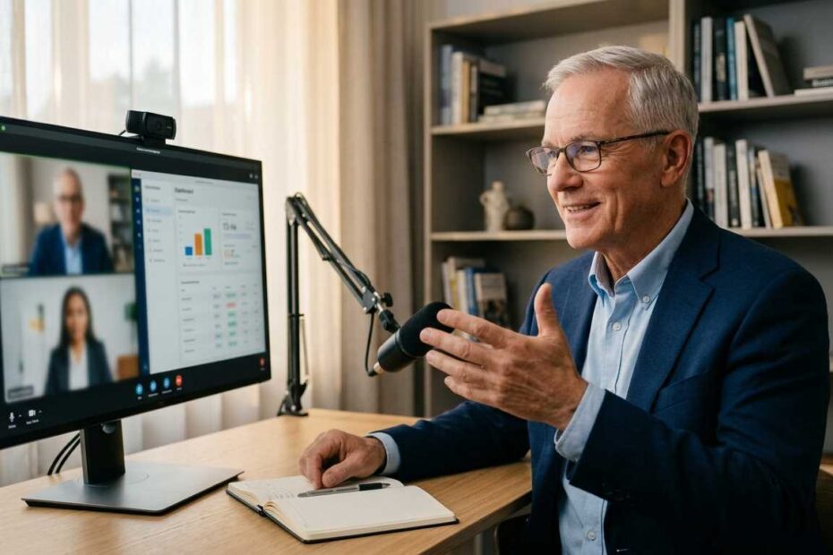 A senior professional expert discussing consulting services pricing on a video call