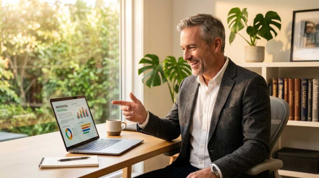 A professional man learning how to start consulting for seniors using a laptop in a modern home office.
