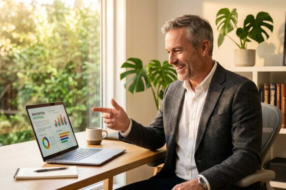 A professional man learning how to start consulting for seniors using a laptop in a modern home office.