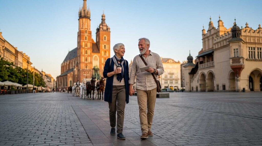 Happy senior couple walking in Krakow Main Market Square in Poland