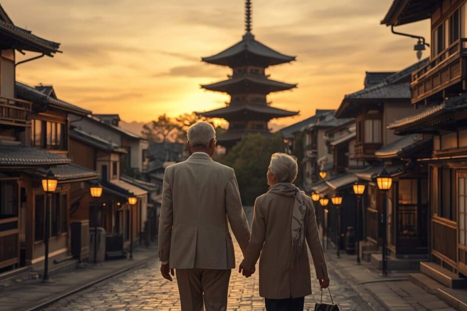 Senior American couple walking in the historic Higashiyama district with Yasaka Pagoda in the background, Kyoto.