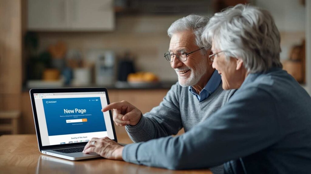Senior couple learning how to use Notion AI on a laptop together.