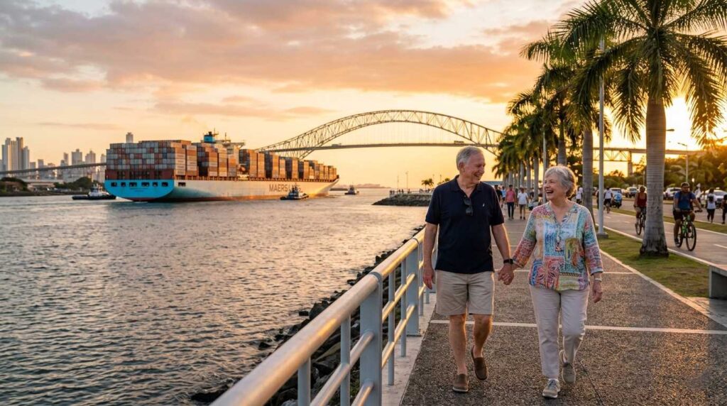 Active American senior couple walking on the Amador Causeway with Panama Canal views.