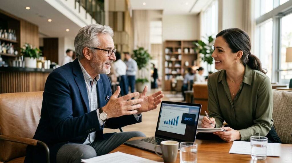 A senior professional using LinkedIn outreach for seniors to secure a consulting meeting with a new client.