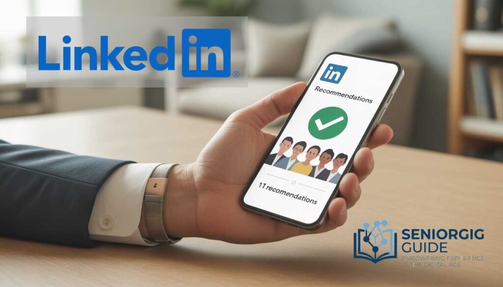 A mature professional reviewing high-quality LinkedIn recommendations for seniors on a smartphone in a modern office.