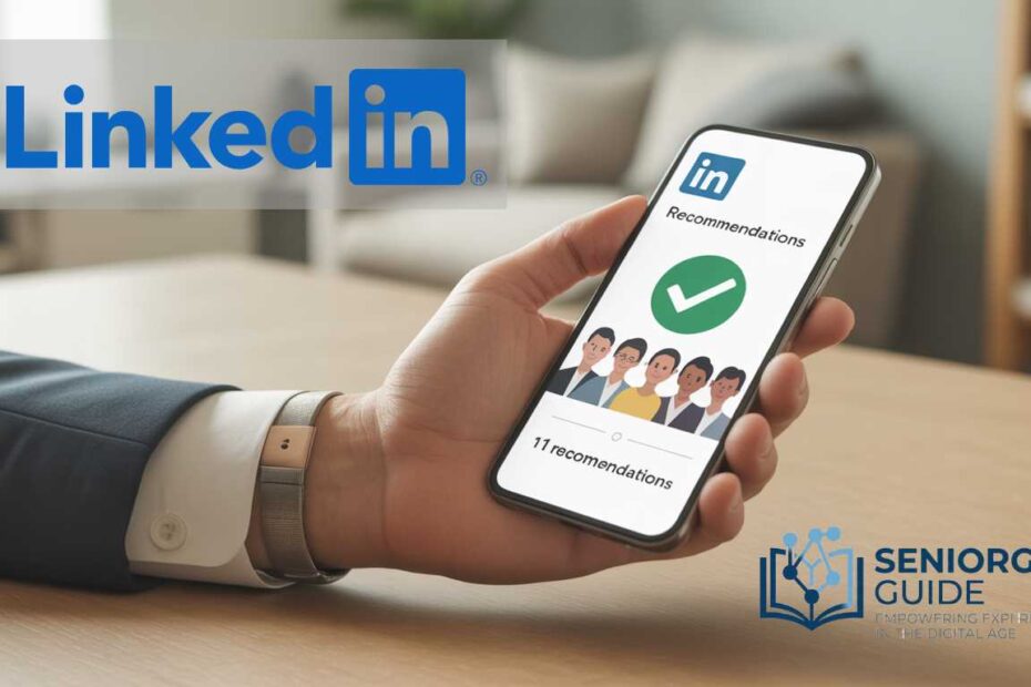 A mature professional reviewing high-quality LinkedIn recommendations for seniors on a smartphone in a modern office.