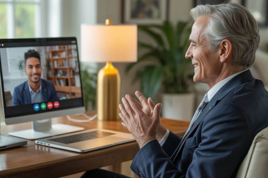 A senior professional providing career guidance through mentorship programs for seniors in a modern home office.