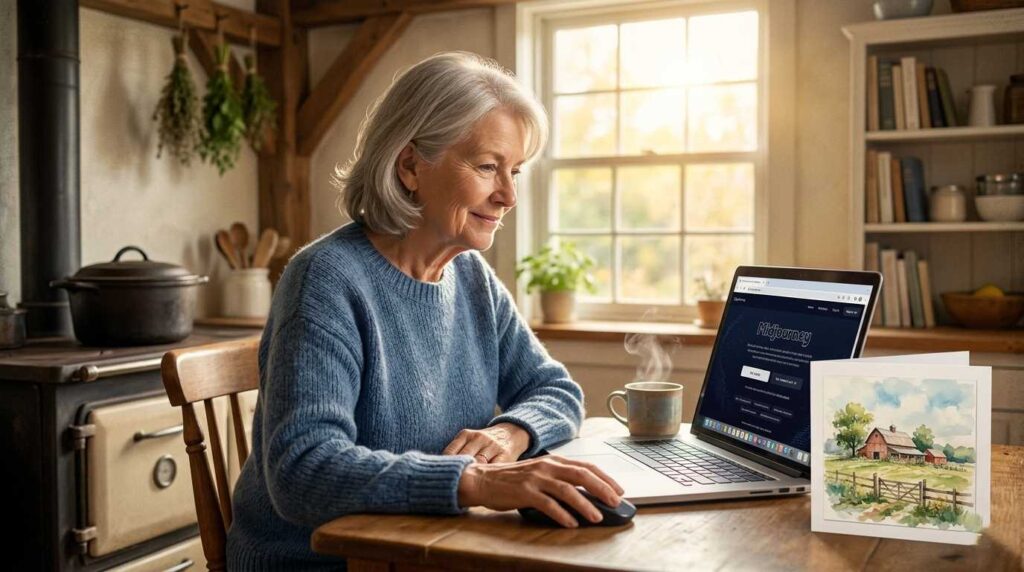 A senior woman using Midjourney for Seniors to create a farmhouse watercolor painting on her laptop