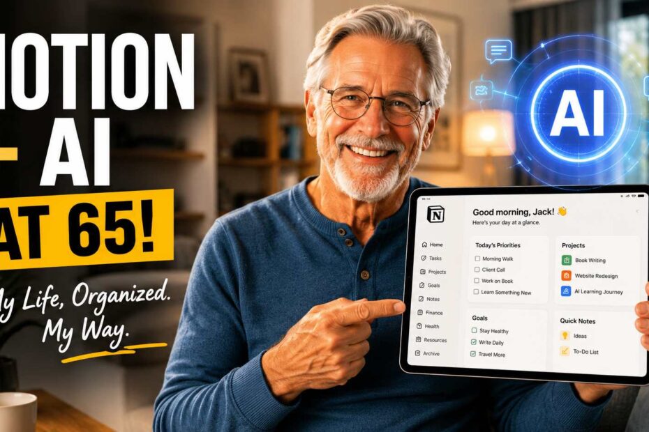 Notion AI screen on tablet with an elderly man smiling at home.