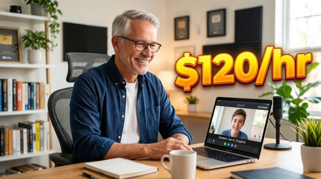 A happy senior man working on a laptop at home, earning money as an online tutor.