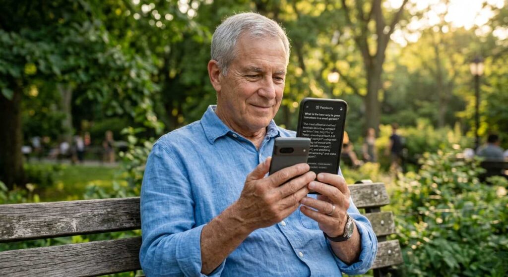 Senior man in park using Perplexity AI for seniors.