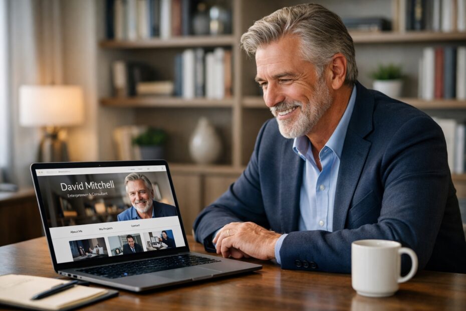 A senior professional sitting confidently in a modern home office, viewing his personal portfolio website on a laptop.