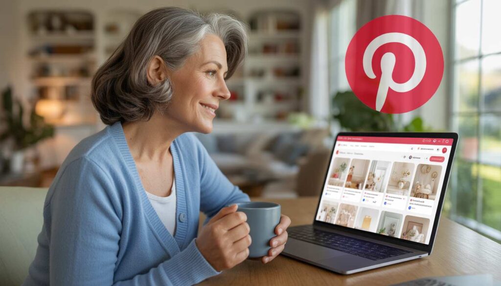 A smiling senior woman sitting at a desk with a laptop, using Pinterest to find inspiration for her Etsy shop.