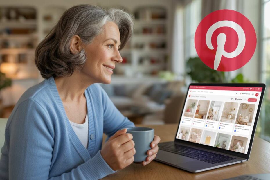 A smiling senior woman sitting at a desk with a laptop, using Pinterest to find inspiration for her Etsy shop.
