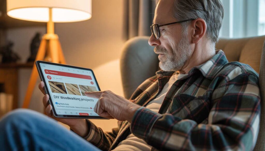 An older man using a tablet to search for woodworking patterns on Pinterest, illustrating visual search.