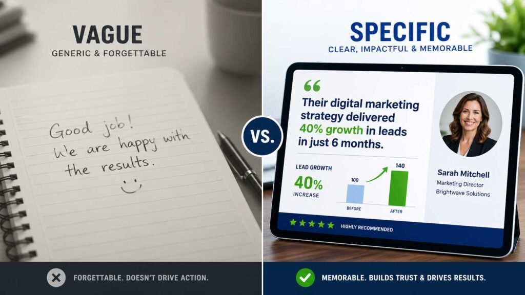 Comparison graphic showing the difference between a vague testimonial and a results-driven powerful testimonial.