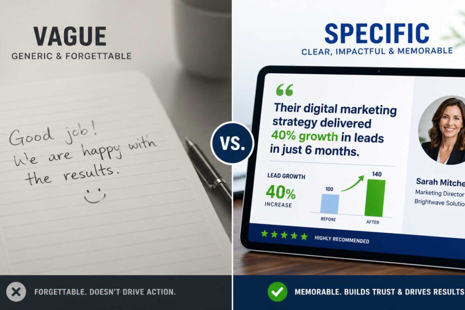 Comparison graphic showing the difference between a vague testimonial and a results-driven powerful testimonial.