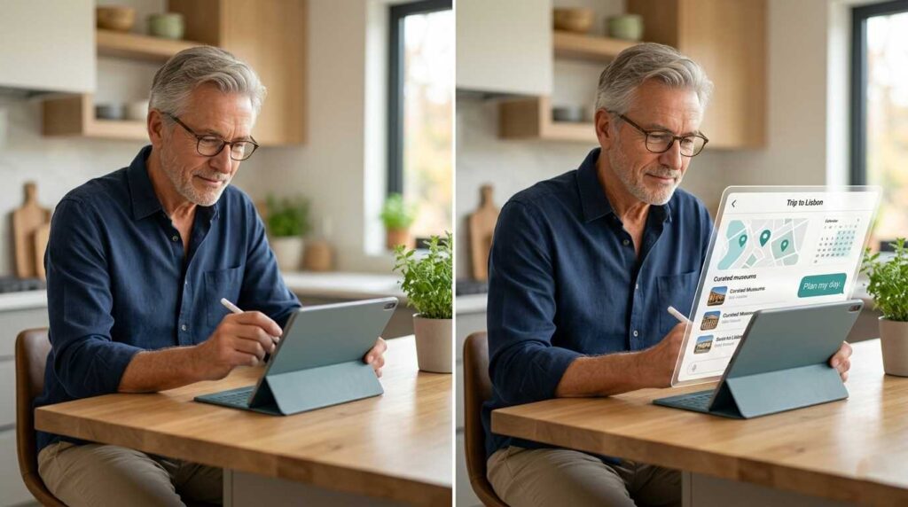 A senior man using AI on a laptop to draft a letter and plan a trip.