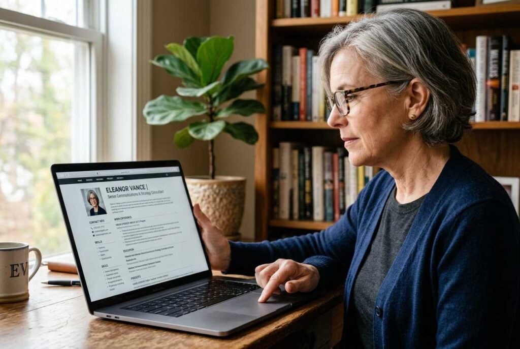 Senior professional reviewing an optimized freelance profile on a computer.