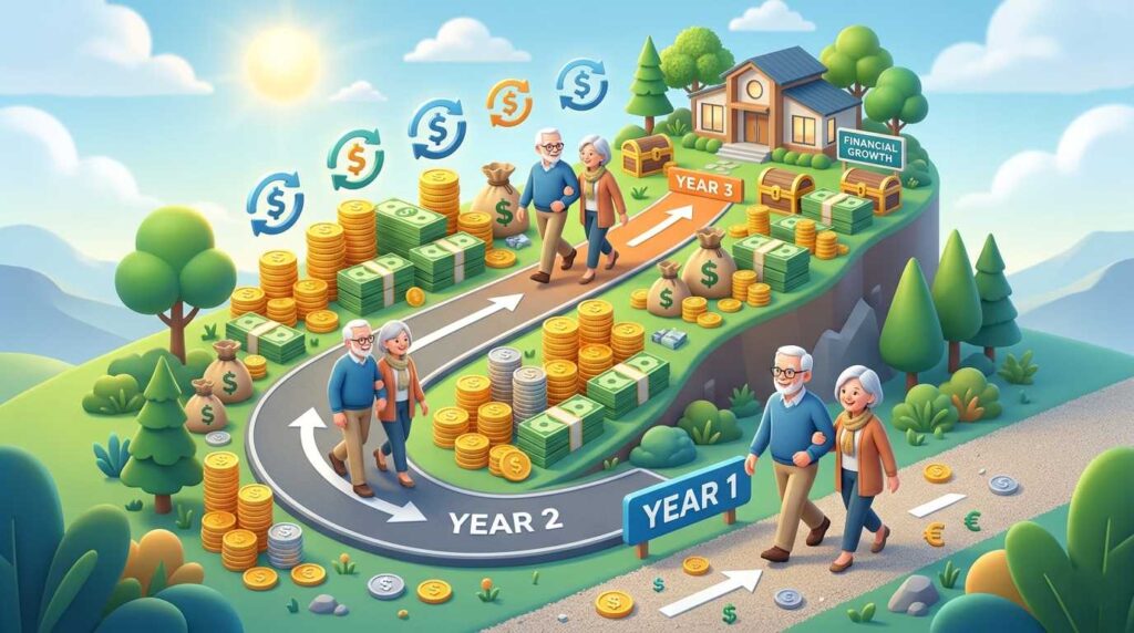 An isometric chart showing the realistic 3-year income trajectory for affiliate marketing for seniors.