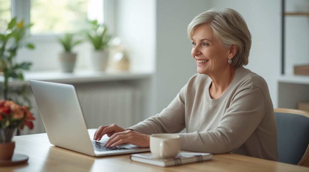 A senior remote community manager for seniors responding to member messages from a cozy home office.