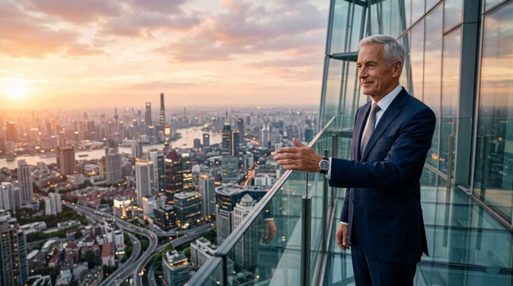 A professional senior man overlooking a global city representing remote jobs for seniors 55 plus in 2026