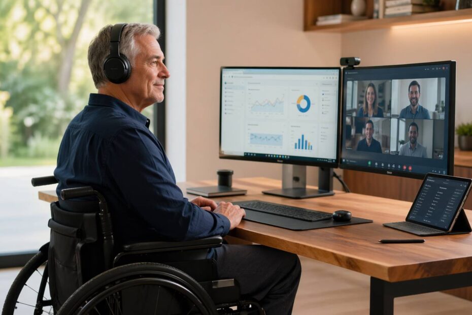 A professional senior in a wheelchair working at a home office setup for remote jobs for seniors with disabilities.