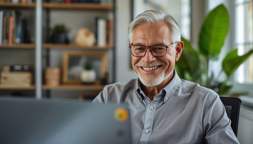 A senior professional successfully securing remote work references after retirement in a home office.