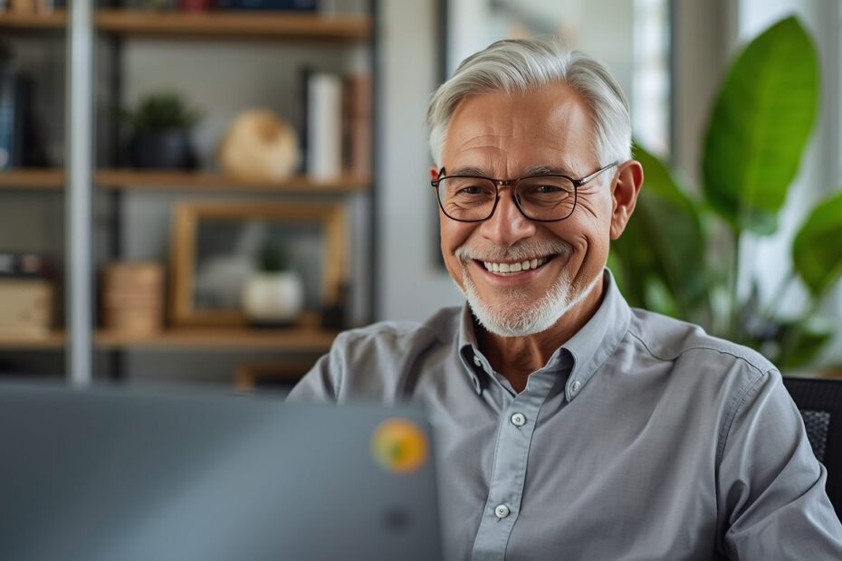 A senior professional successfully securing remote work references after retirement in a home office.
