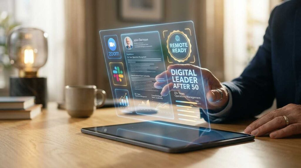 A modern digital resume for remote work after 50 showing professional skills and digital fluency