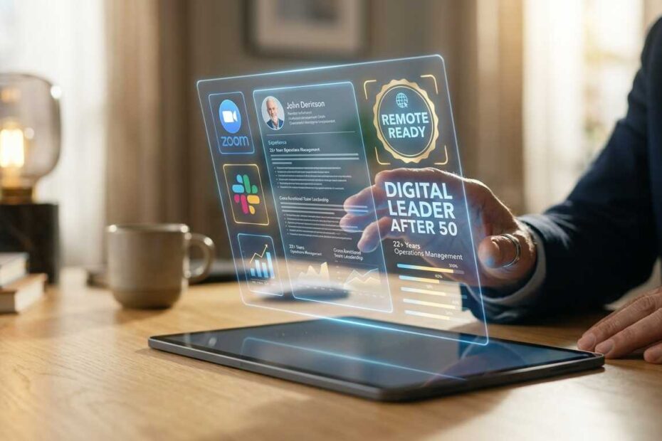 A modern digital resume for remote work after 50 showing professional skills and digital fluency