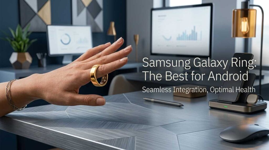 A person wearing a gold Samsung Galaxy Ring in a modern office setting with the text "The Best for Android".