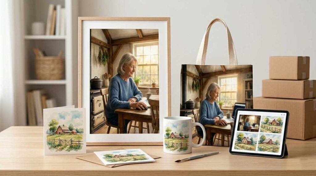 Physical products like mugs and tote bags featuring AI art created with Midjourney for Seniors