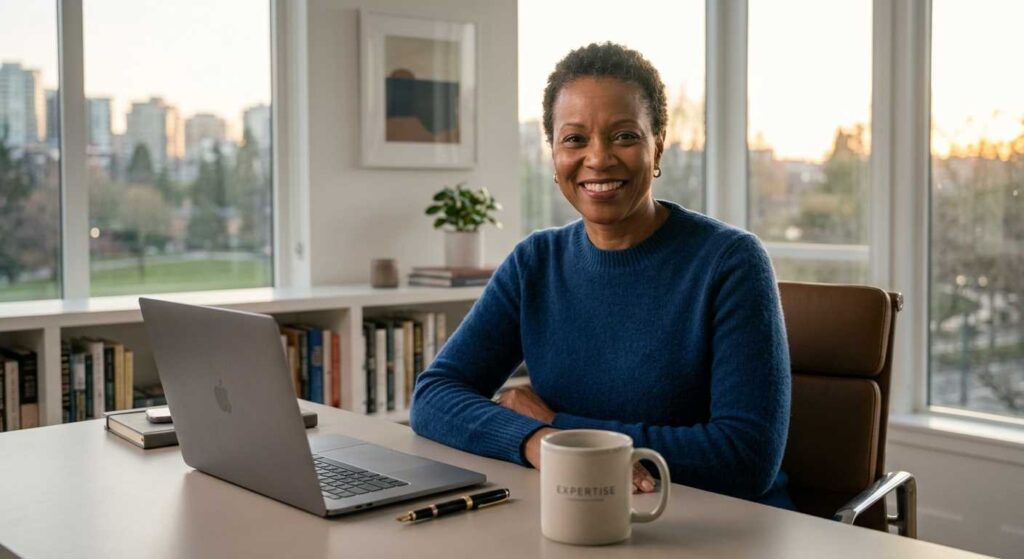 A successful senior consultant working from a modern home office.