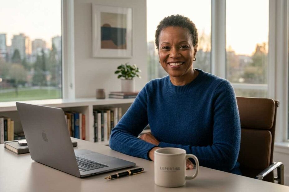 A successful senior consultant working from a modern home office.