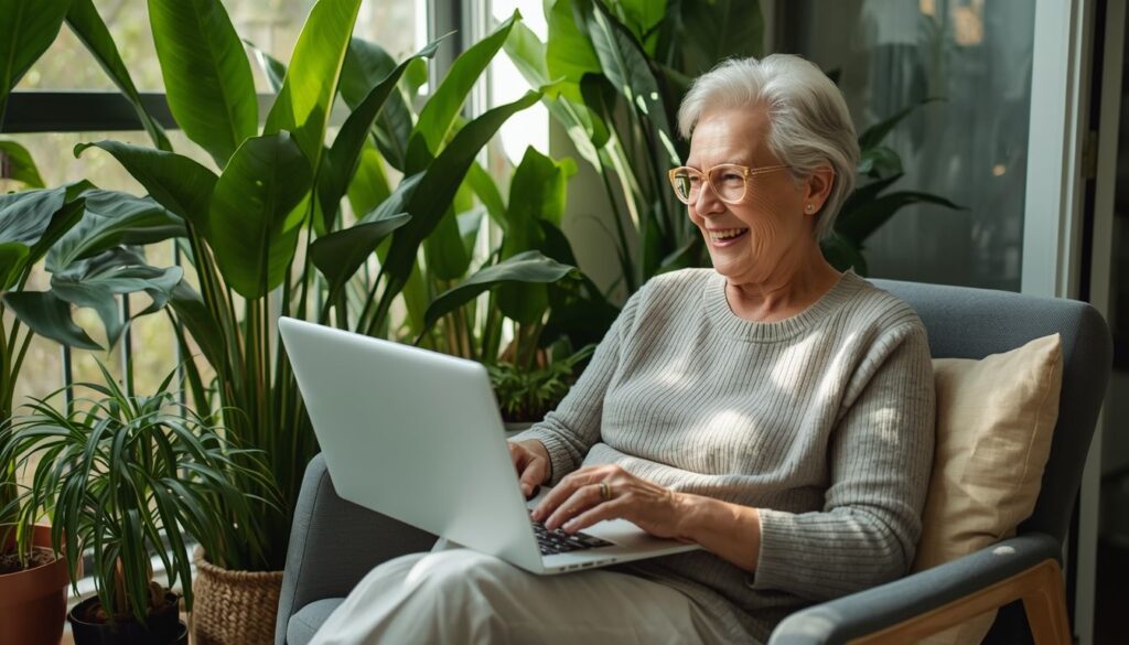 A senior woman consultant working remotely on a laptop in a comfortable, sunny sunroom.