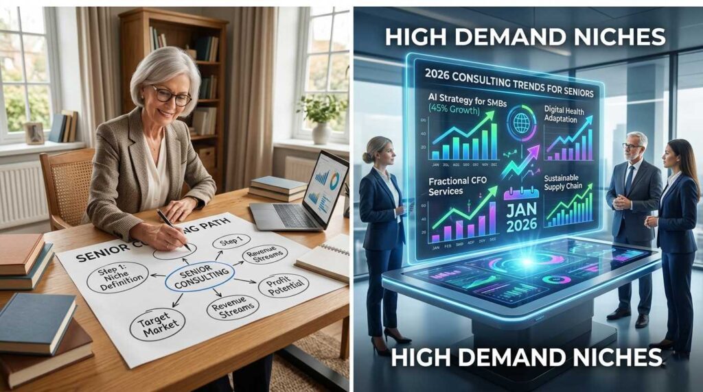 Senior professional creating a successful consulting niche for seniors business map.