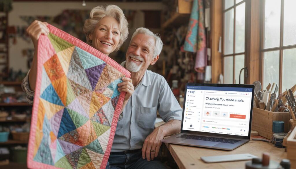 A proud senior creator holding a handmade quilt, with her laptop open showing Etsy sales notification driven by Pinterest.