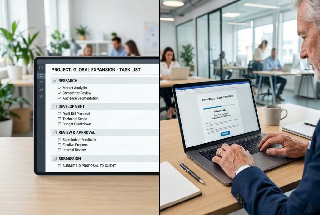 Senior expert submitting a freelance bid on a digital platform.  