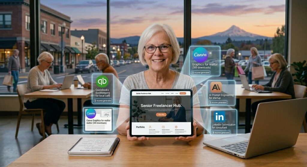 Smiling senior freelancer in Portland holding a tablet showcasing multiple holographic income-generating projects.