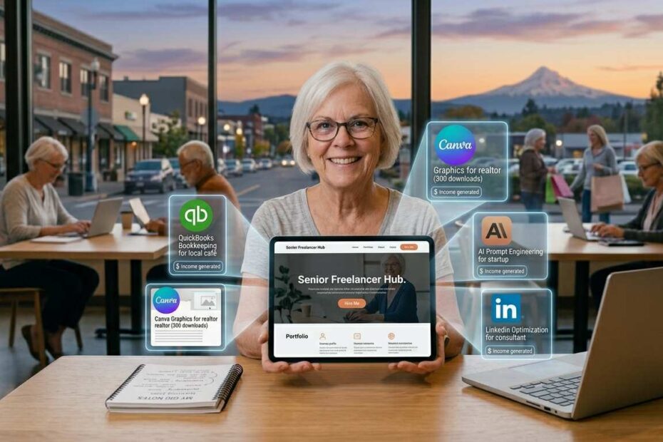 Smiling senior freelancer in Portland holding a tablet showcasing multiple holographic income-generating projects.
