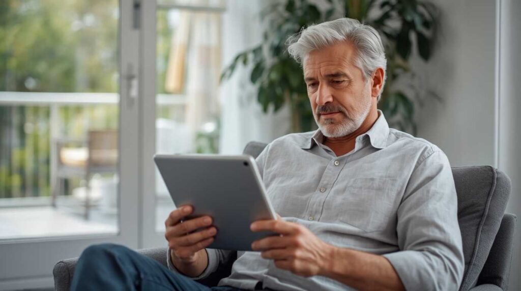 An older professional reviewing digital tools used by a remote community manager for seniors.