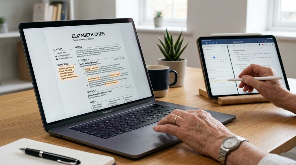 A senior professional's hands using a laptop to optimize resume keywords with AI tools.