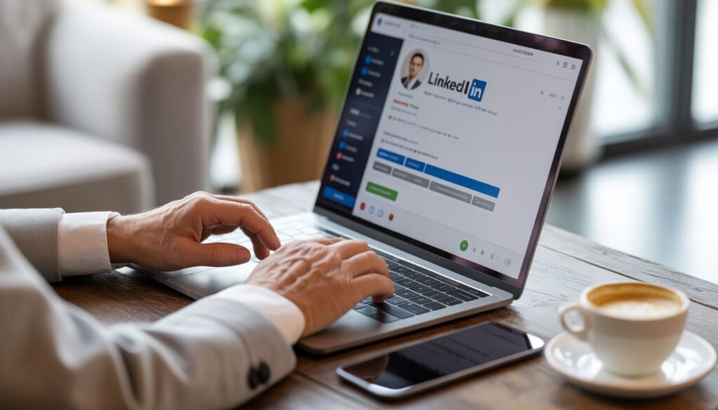 Senior using LinkedIn to reconnect with former colleagues for remote work references.