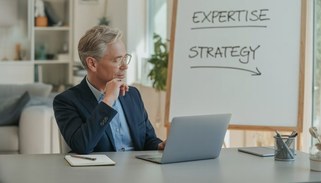 Senior professional planning a signature speaking topic.