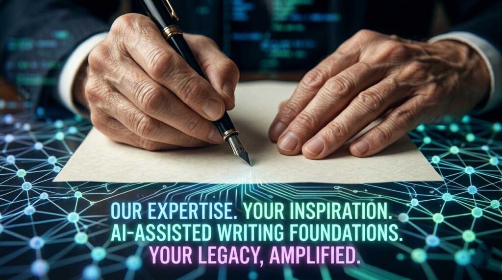 Close-up of a senior professional writing a book using AI assistance and neural network data streams.