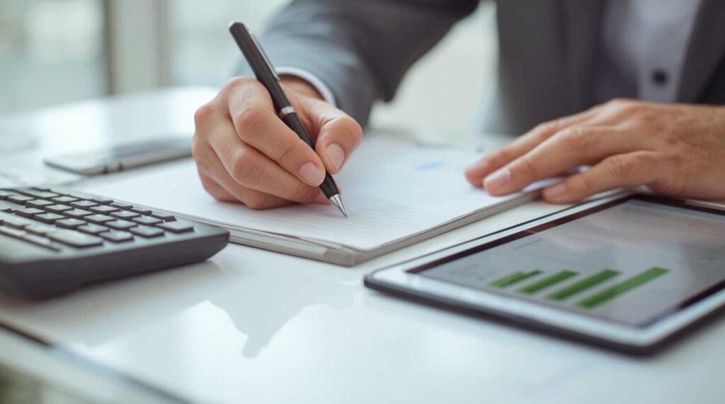A senior person planning retirement budget on a notebook and calculator.